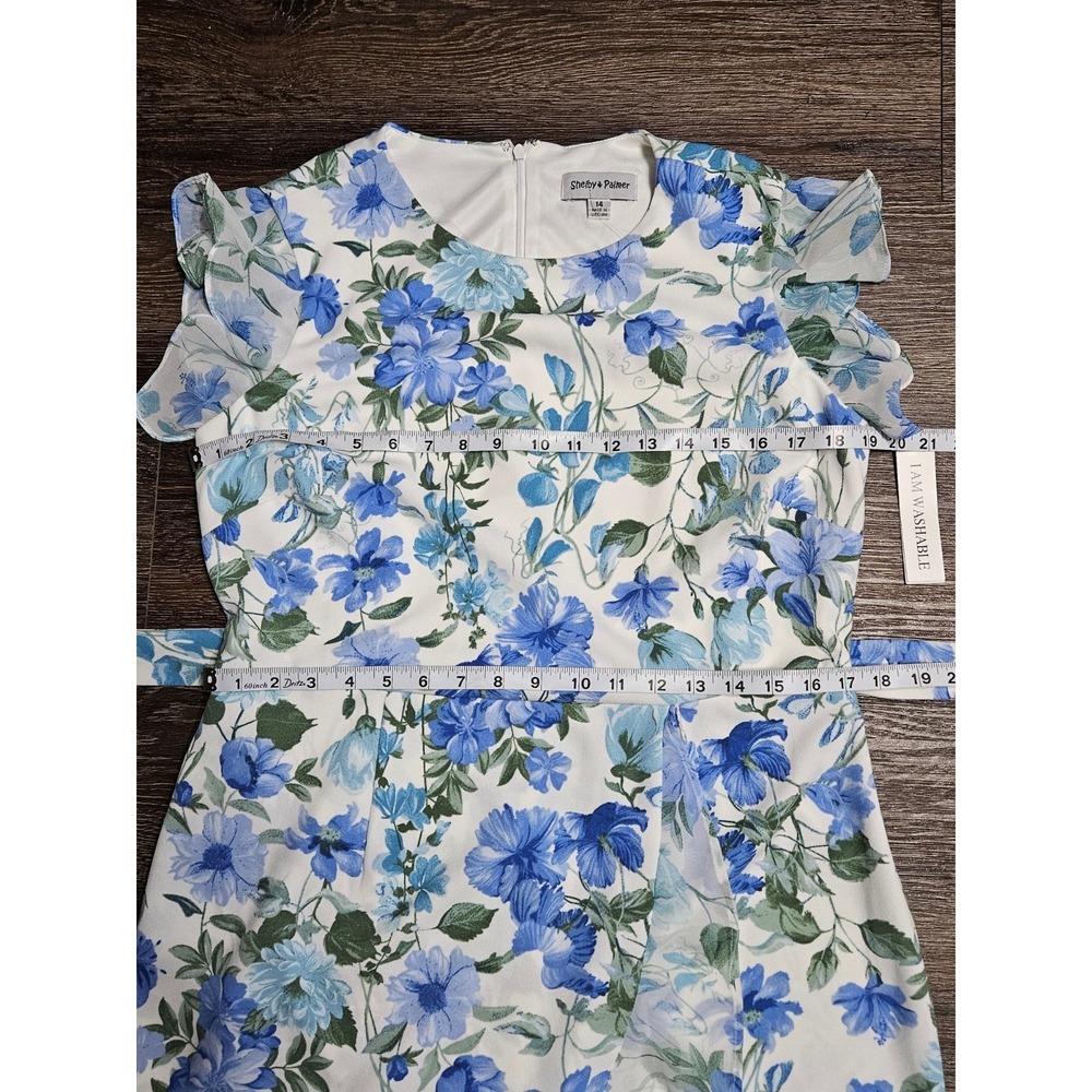 Shelby & Palmer Blue Floral Faux Wrap Ruffle Belted Sheath Dress - Picture 10 of 12